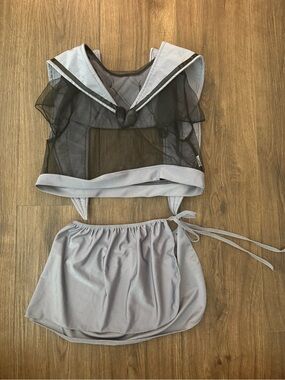 Sailor-Inspired Mesh Crop Top & Mini Skirt Set - Light Gray w detachable wings